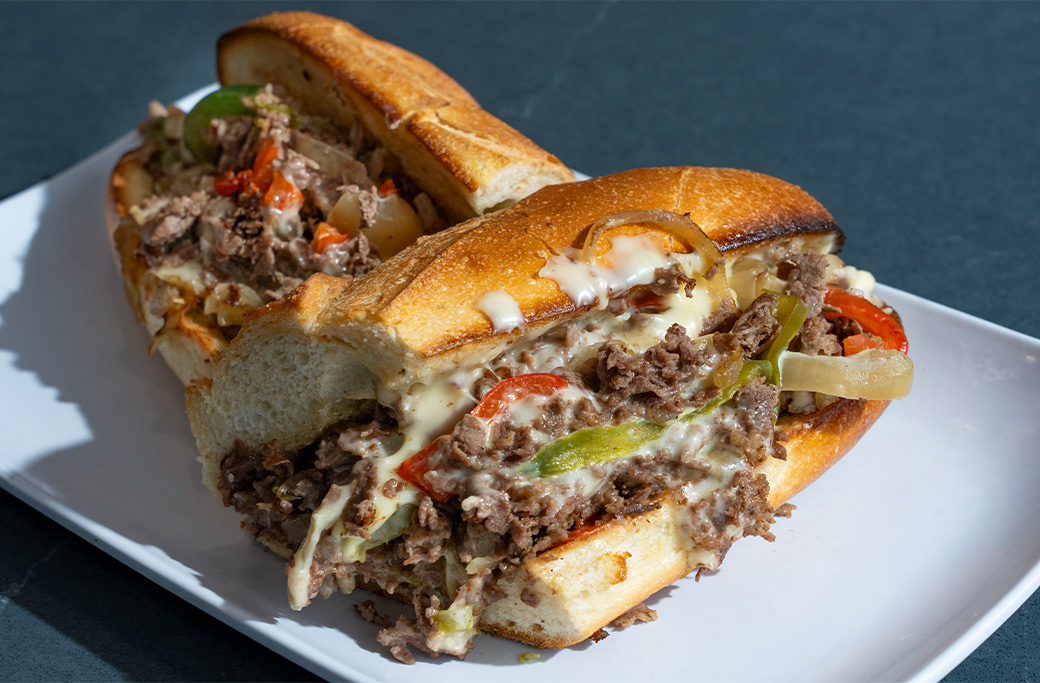 Fusaro’s cheesesteak with chopped steak and melted Cooper Sharp white American cheese on a South Jersey Italian roll